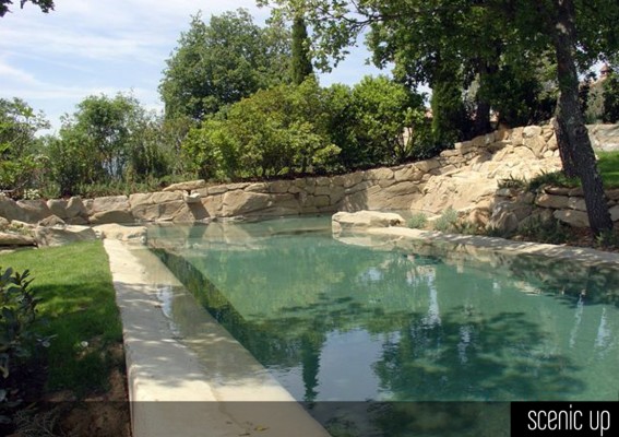La piscina naturale è stata realizzata con pannelli in Idrocon, finitura biopietra. Con il medesimo materiale si sono create delle rocce artificiali per il contenimento dell’acqua su calco preso dalle esistenti